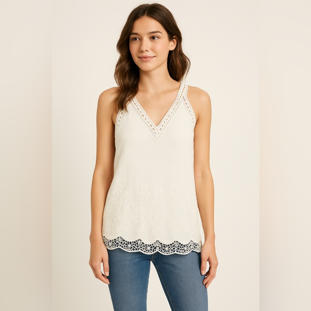 ASTR The Label Lace Trim Embroidered Sleeveless Top Ivory Size Large